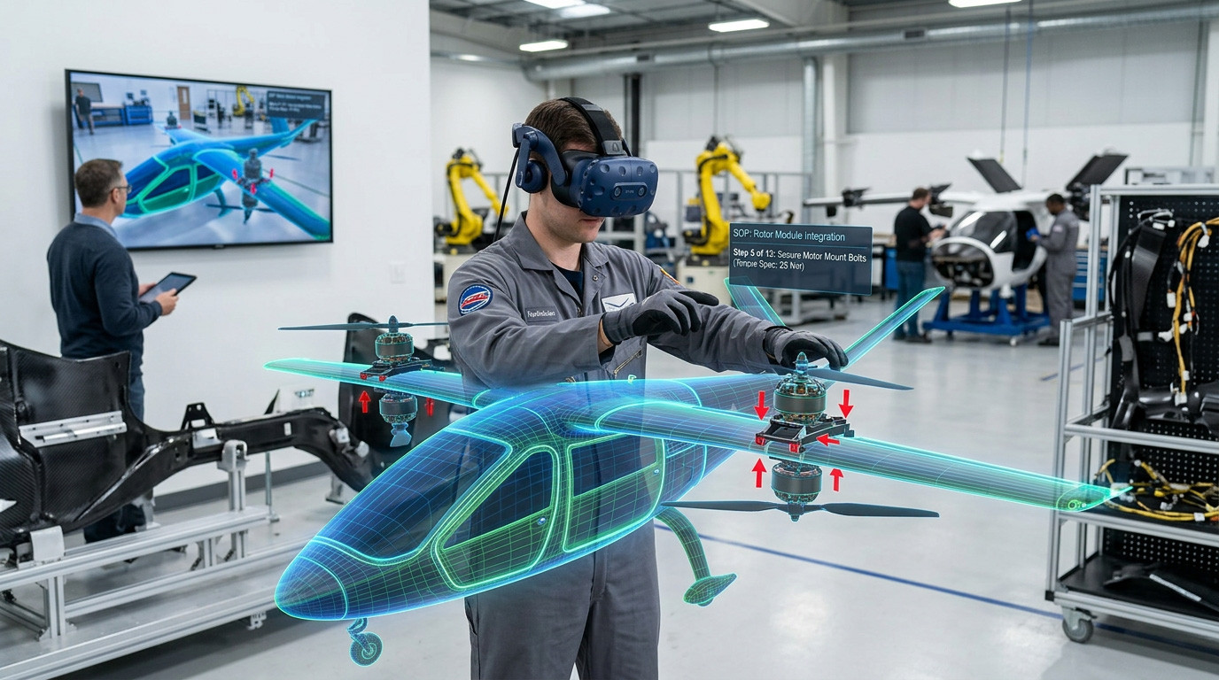 Advanced Air Mobility (AAM) Vehicle Manufacturing: Urban Air Mobility (UAM) eVTOL Assembly in VR