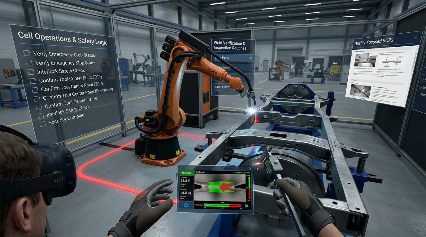 Robotic Welding Cell Operations in VR: Advanced Manufacturing for Vehicle Chassis